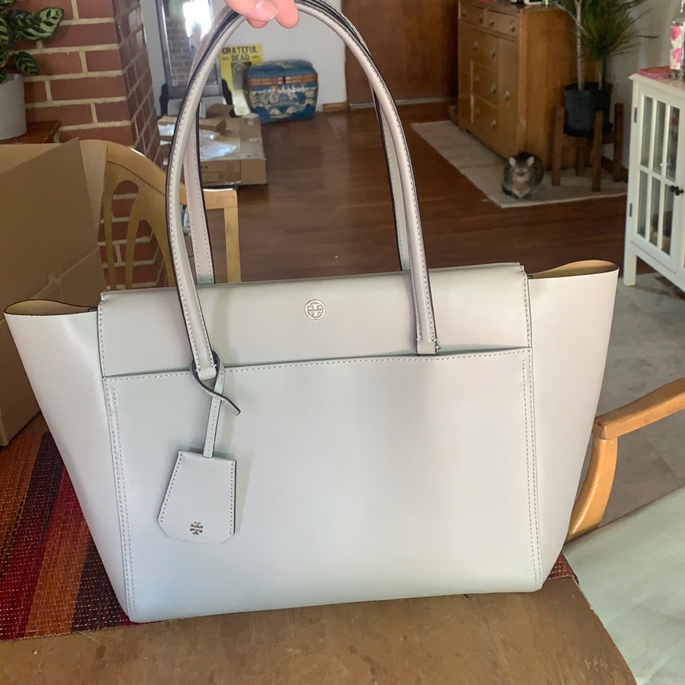 Tori Burch Grey Saffiano Leather Tote Bag